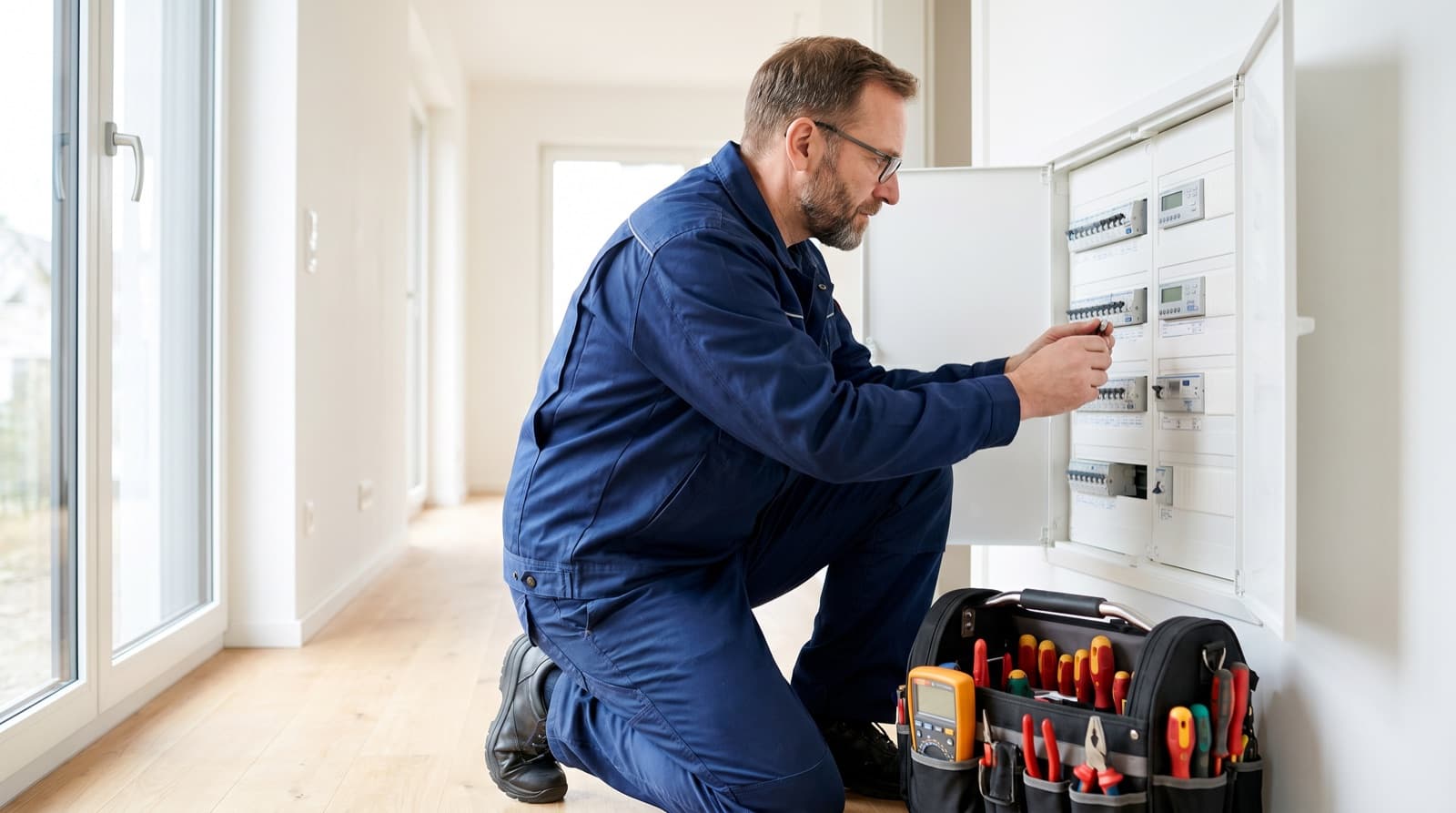 Elektriker prüft den Sicherungskasten in einem hellen Innenraum