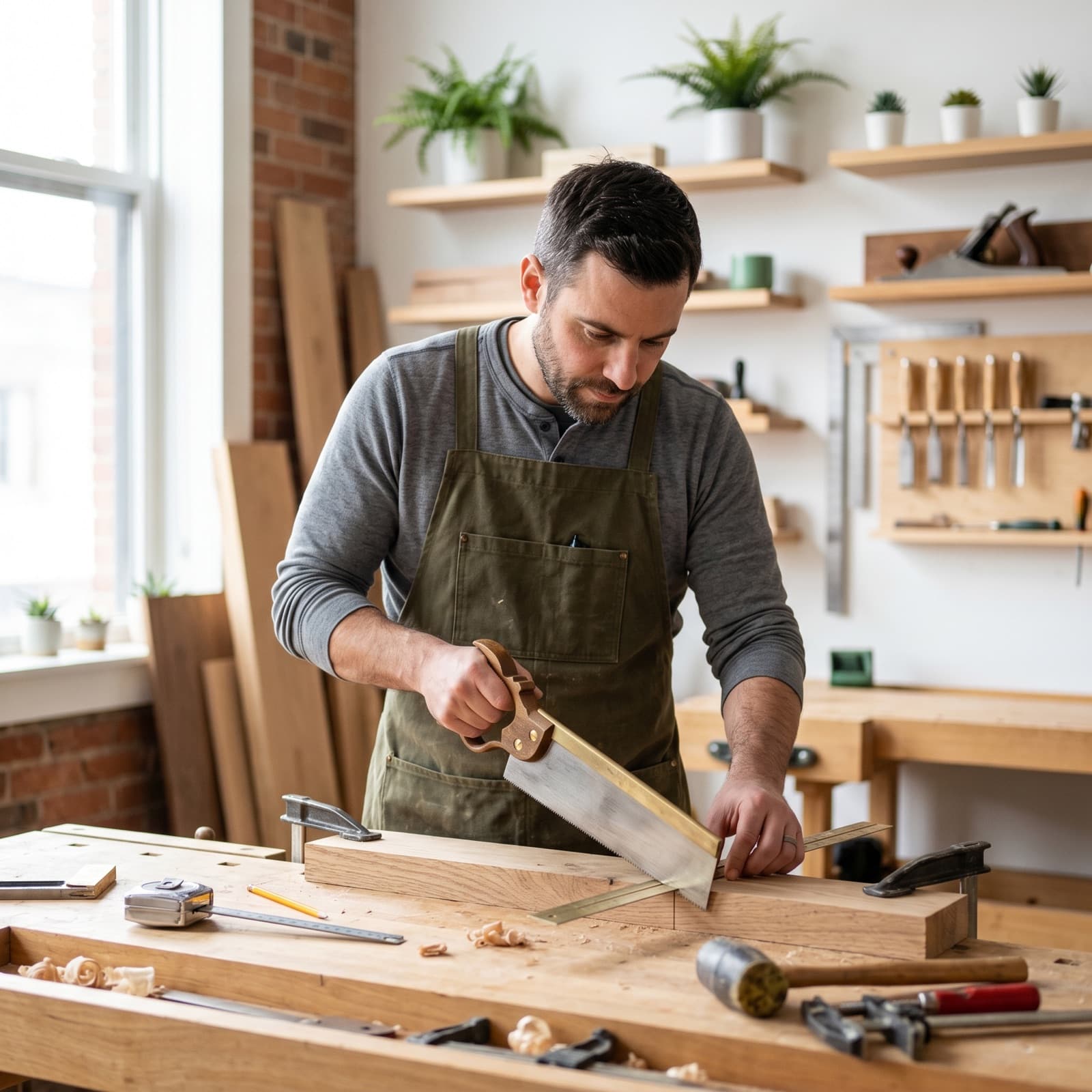 Handwerker bei der Arbeit an seiner Werkbank in der Werkstatt