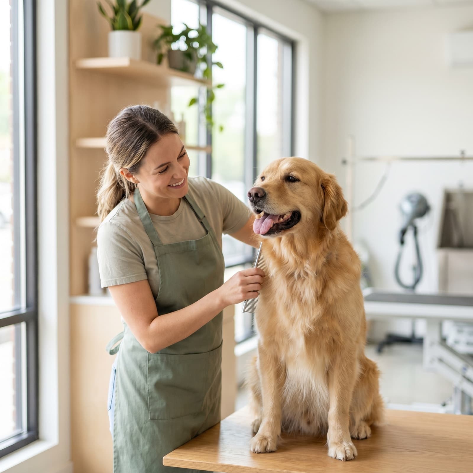 Hundefriseurin pflegt behutsam einen Hund in einem hellen Salon