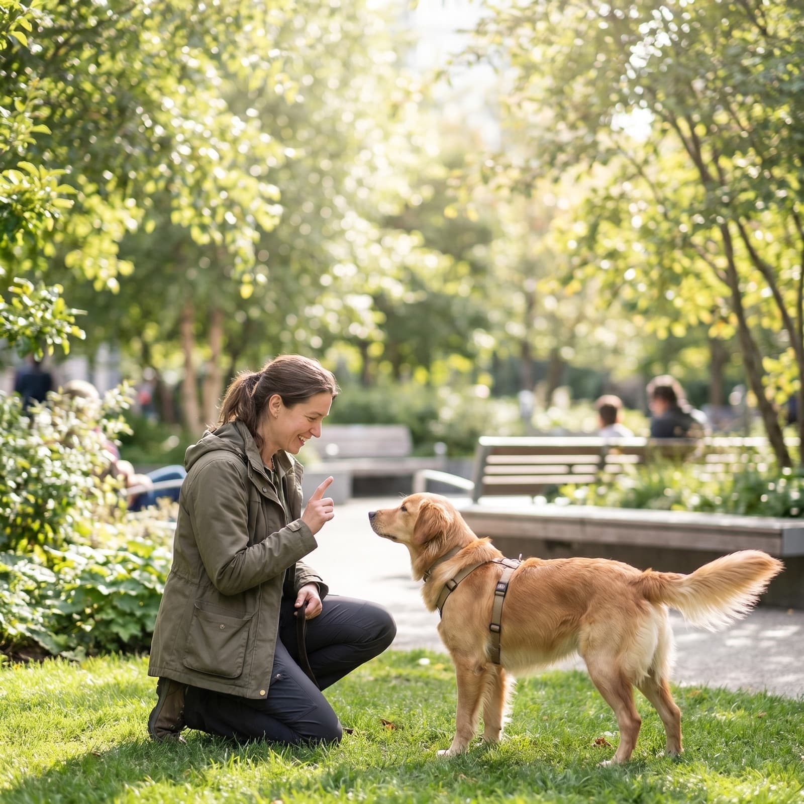 Hundetrainer übt mit einem aufmerksamen Hund in einem sonnigen Park