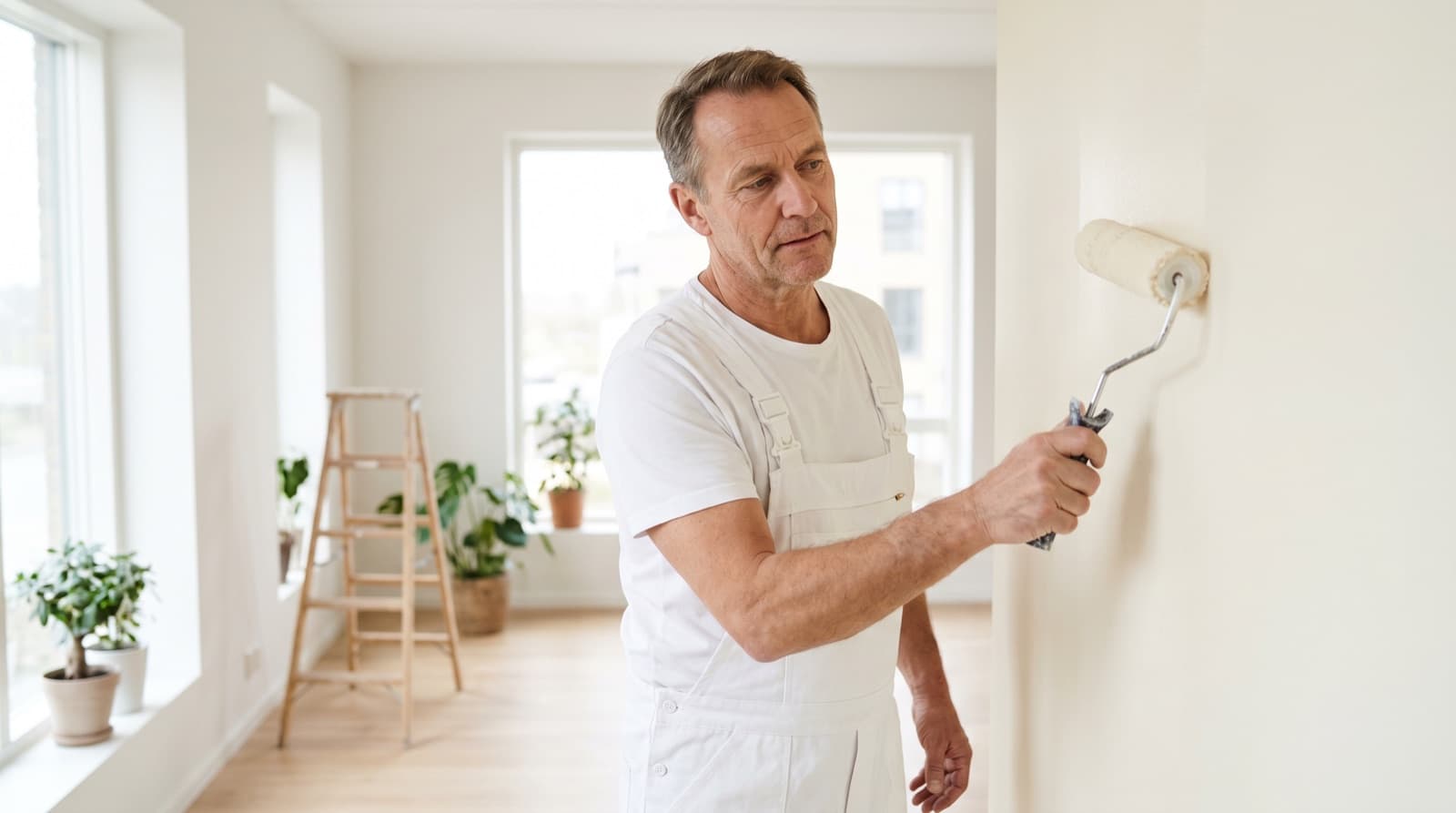Maler in weißer Latzhose streicht eine Wand in einem hellen Raum