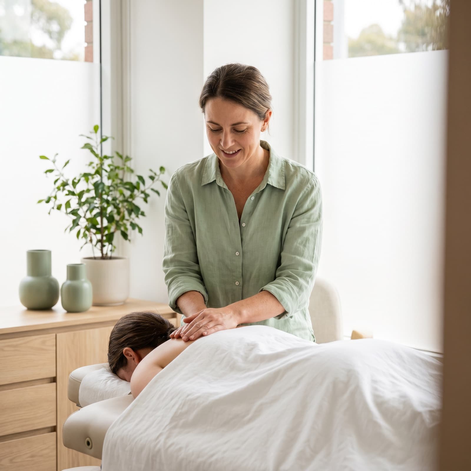 Osteopath behandelt sanft den Rücken eines Patienten in einem hellen Raum
