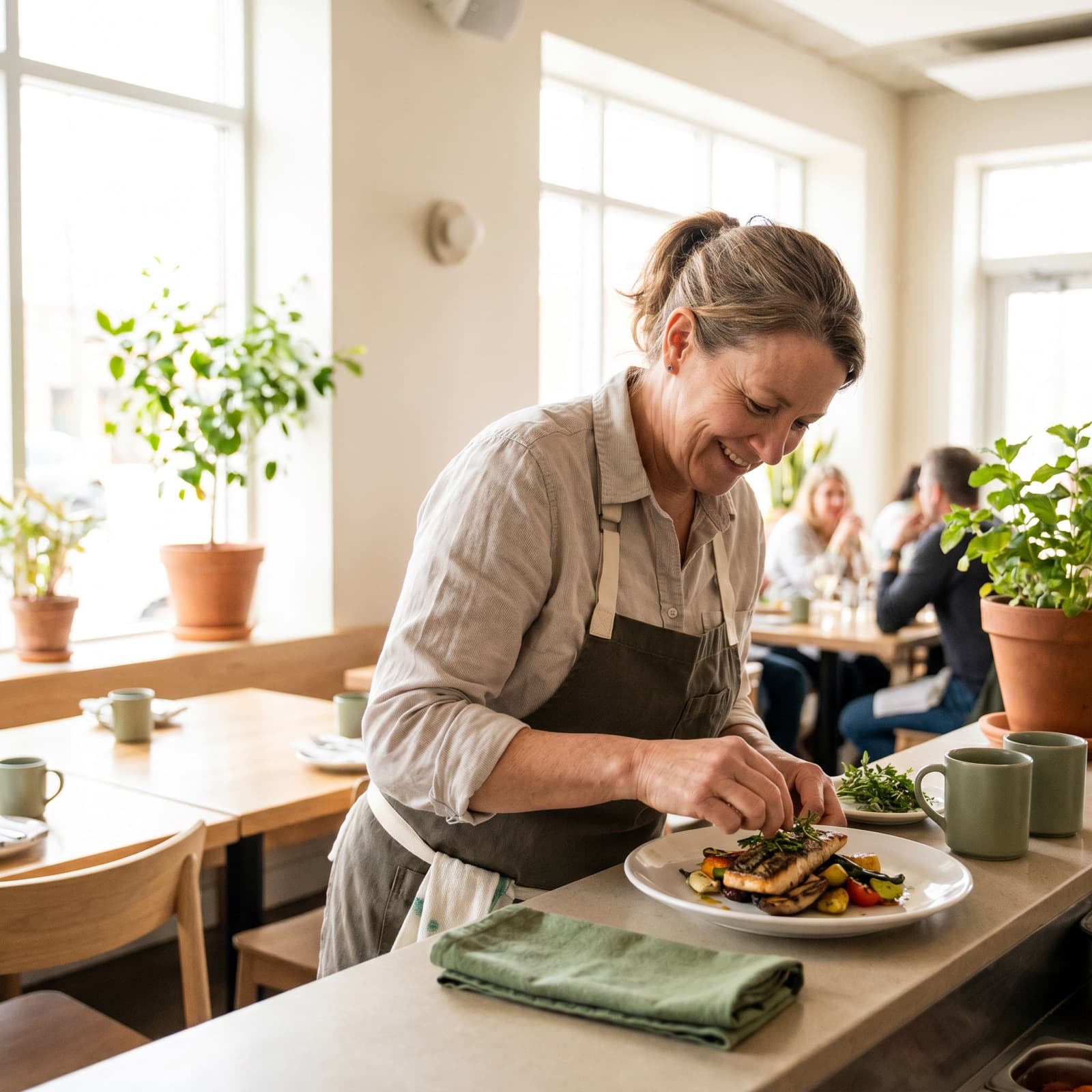 Gastronomin richtet einen frischen Teller in ihrem hellen Restaurant an