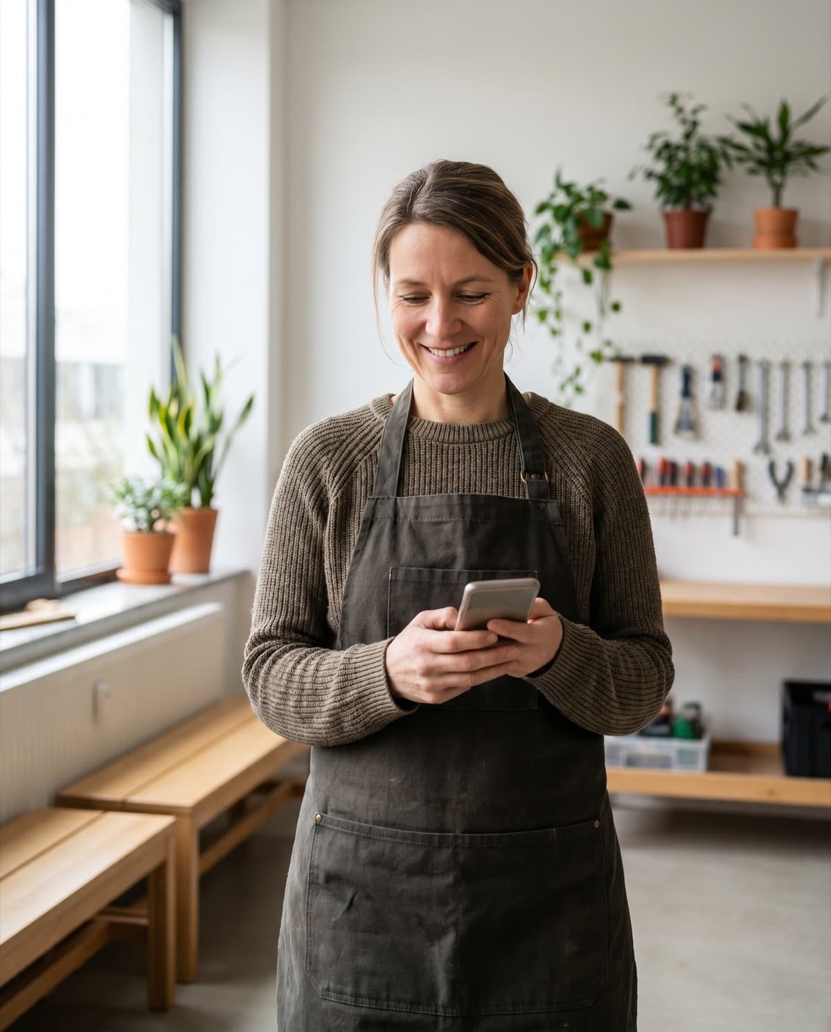 Handwerkerin in ihrer Werkstatt pflegt ihre Website entspannt per Smartphone