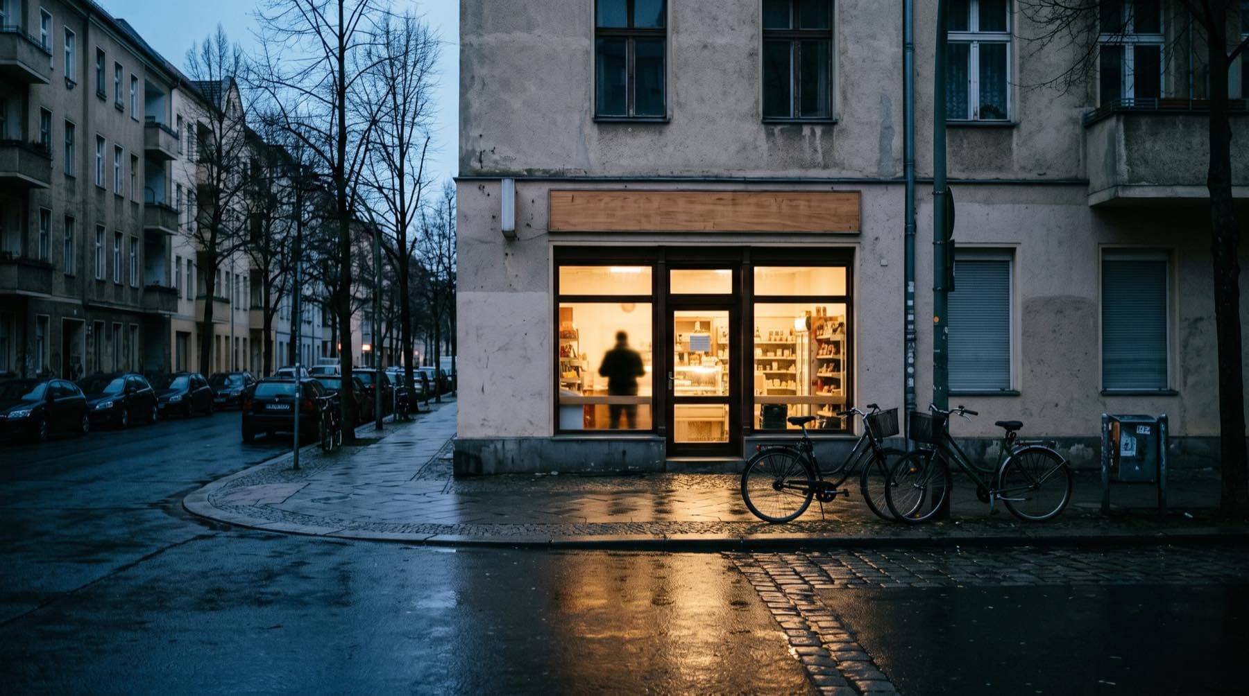 Kleines Ladenlokal am Abend, erleuchtetes Fenster an einer nassen Straße
