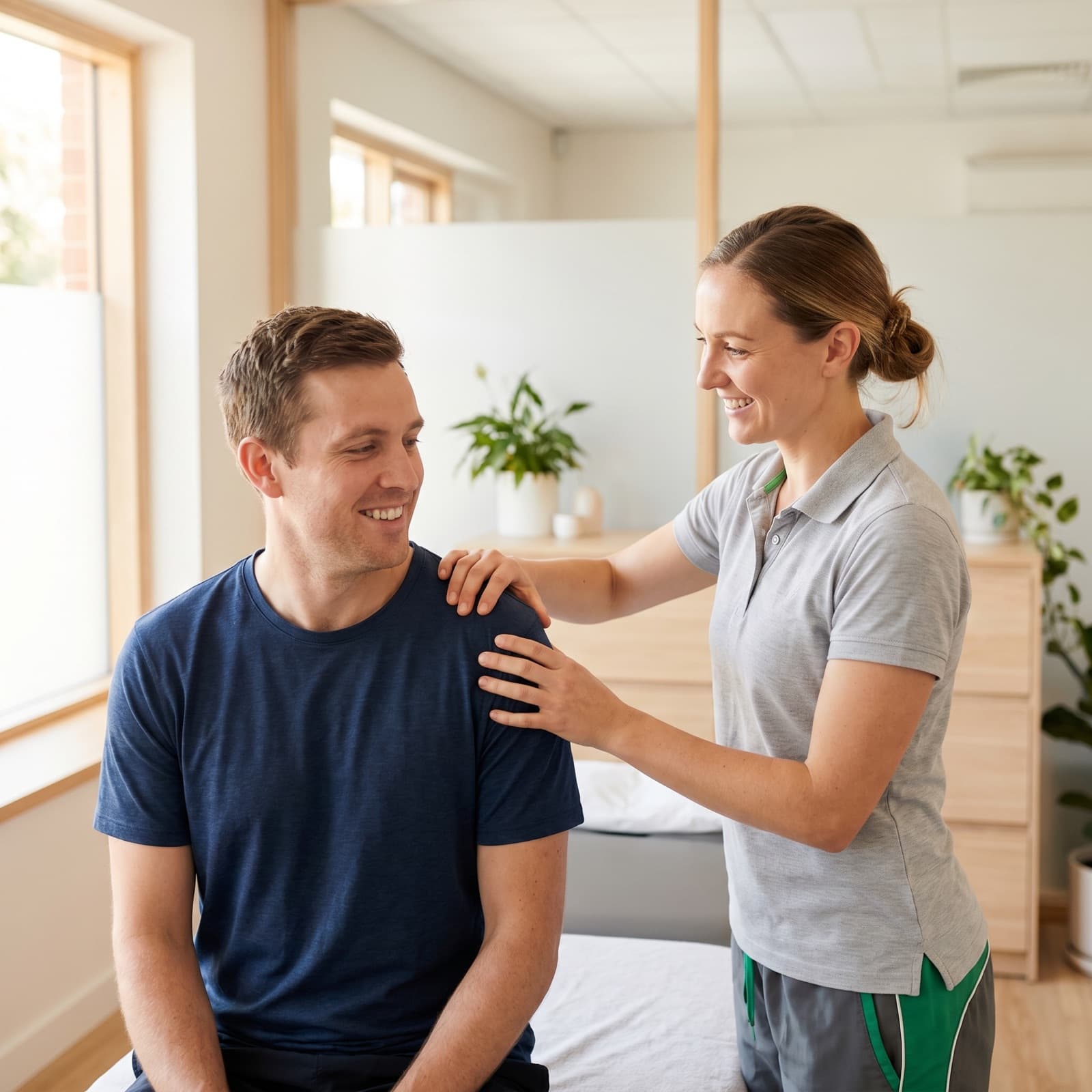 Physiotherapeutin behandelt die Schulter einer Patientin in heller Praxis