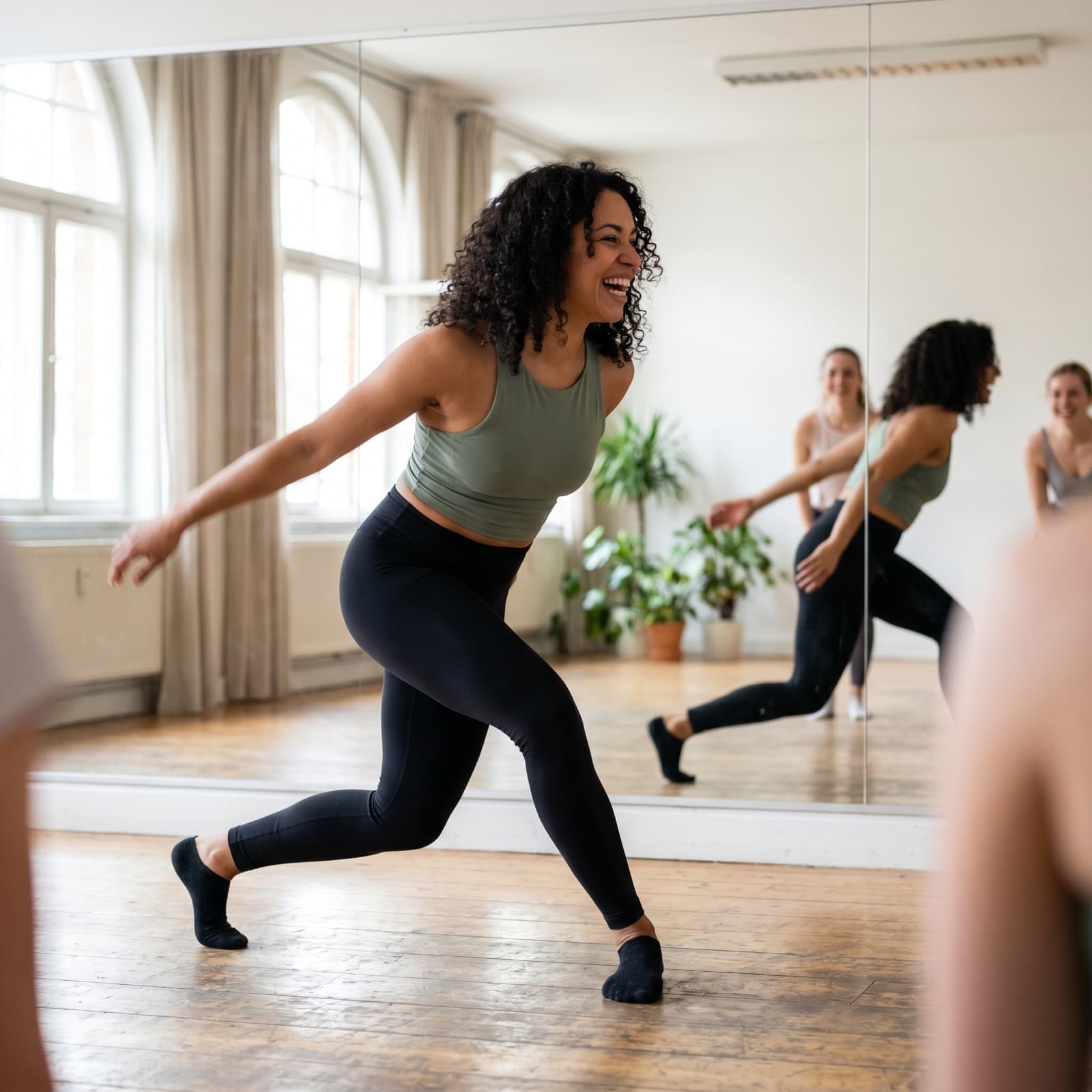 Tanzlehrerin in Bewegung in einem hellen Studio mit großem Spiegel