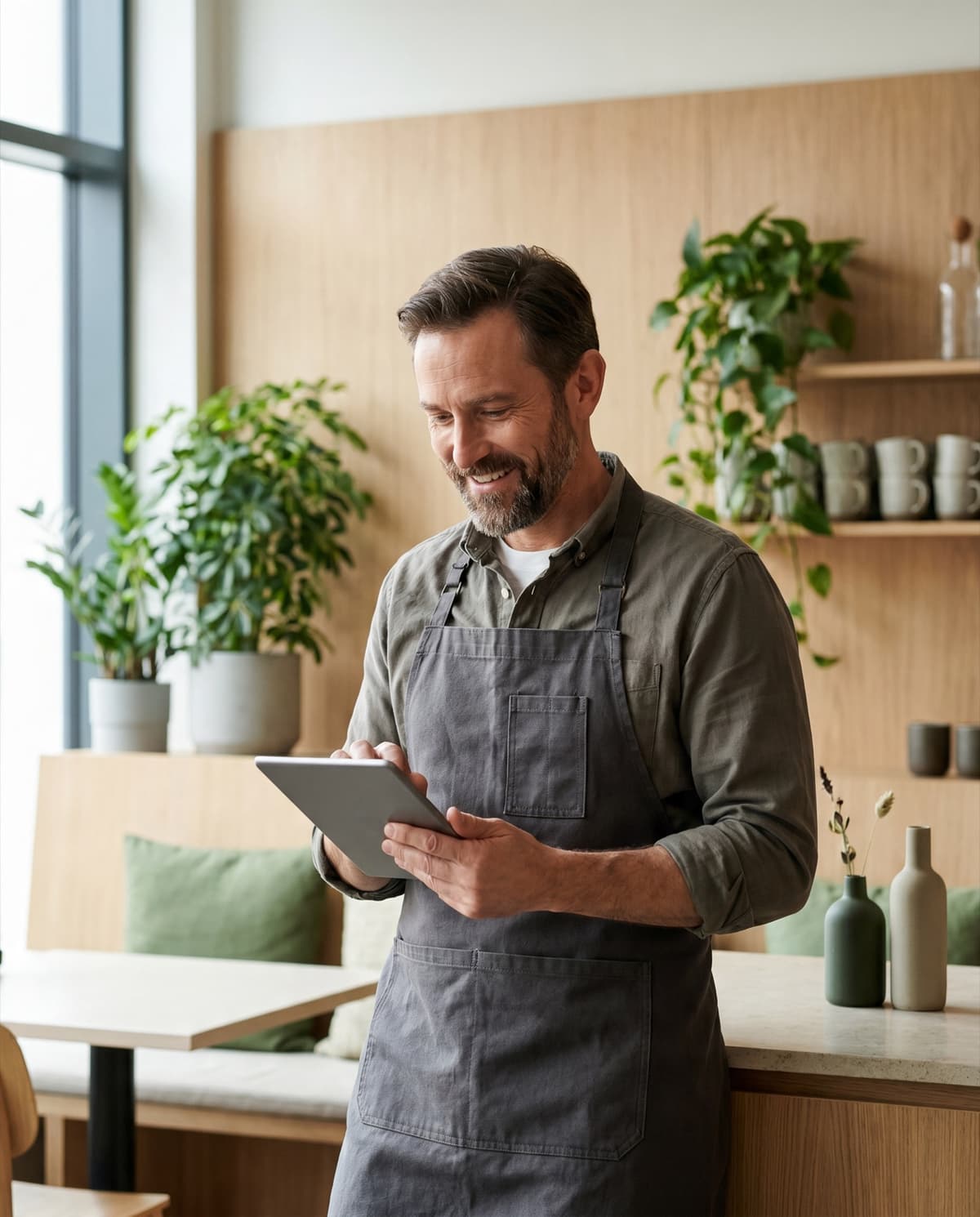 Gastronom schaut zufrieden auf ein Tablet in seinem Restaurant