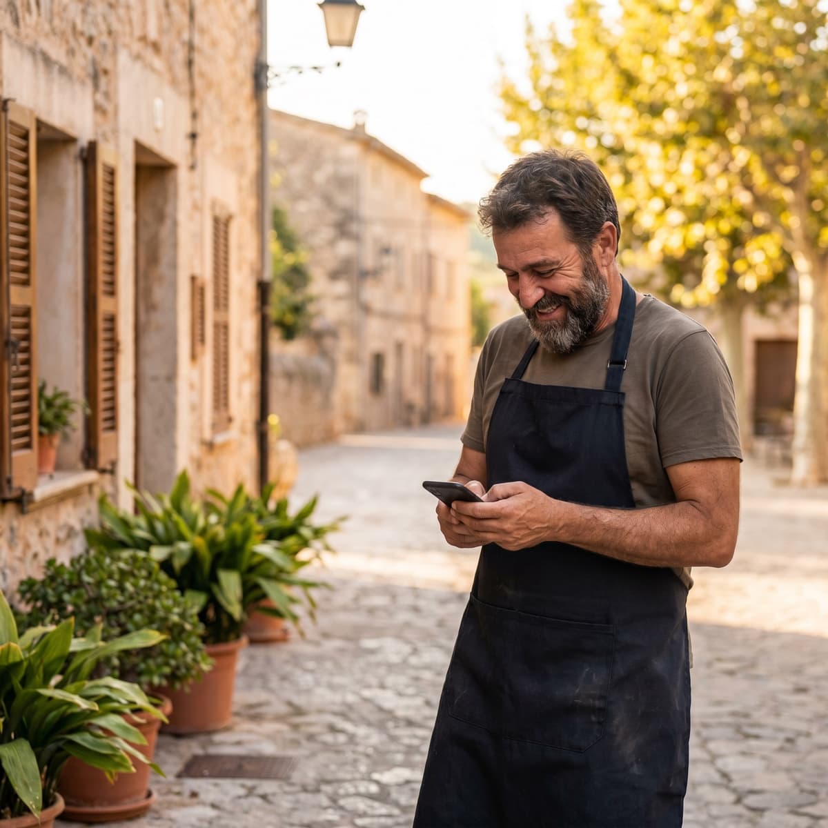 Handwerker prüft zufrieden auf dem Smartphone, wie sein Betrieb bei Google erscheint